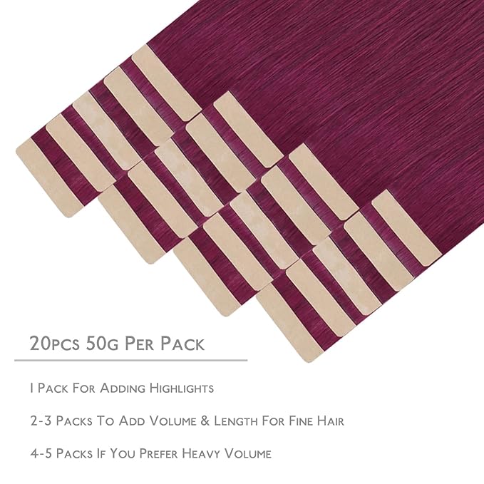 WENNALIFE Tape in Hair Extensions Human Hair, 20pcs 50g 22 inch Light Burgundy Remy Hair Extensions for Women Tape Ins Straight Extensiones De Cabello Humano Skin Weft