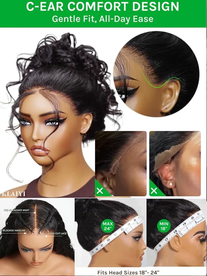 KLAIYI Water Wave Pre Cut 360 Full Lace Frontal Glueless Wig Human Hair Drawstring Pre Plucked Bleached Bye Bye Knots Pre Everything Ready to Wear And Go Curly Beginner Wig with Baby Hair 180% 16Inch