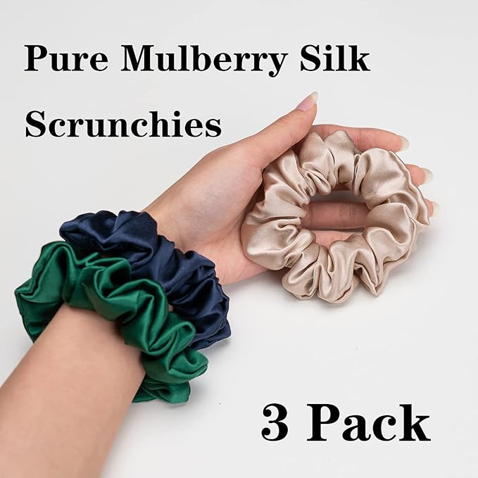 Silk Scrunchies for Hair 100% Mulberry Silk Hair Ties 3 Pack(Navy Blue, Emerald, Apricot)