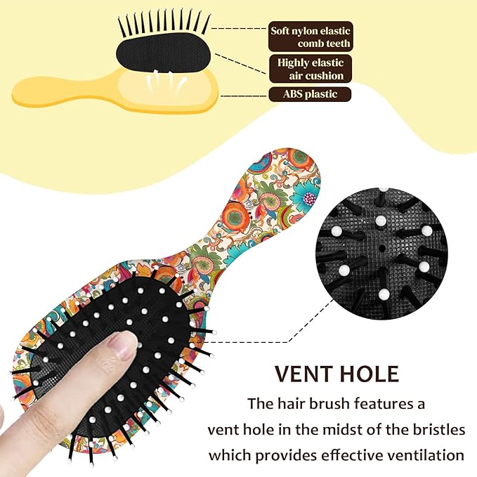 Mini Hair Brush,Cute Detangling Travel Hair Brush,Soft Bristles for Effortless Tangle Removal,Detangler Hairbrush for Women Men Boys Girls Kids Wet Dry All Hair Types (Colorful Bohemian Flowers, Mini)