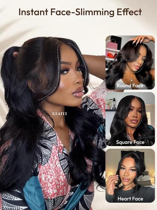 KLAIYI Loose Body Wave Pre Everything Glueless 13x4Lace Front Wig Human Hair Drawstring Precut Lace Pre Plucked Bleached Bye Bye Knots 3S Ready to Wear and Go Wig with Face Framing Curtain Bang 24Inch