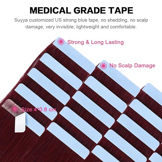 SUYYA Tape in Hair Extensions - Burgundy Straight Human Hair, 20 Pcs/Pack, 50g, 18 inch Wine Red
