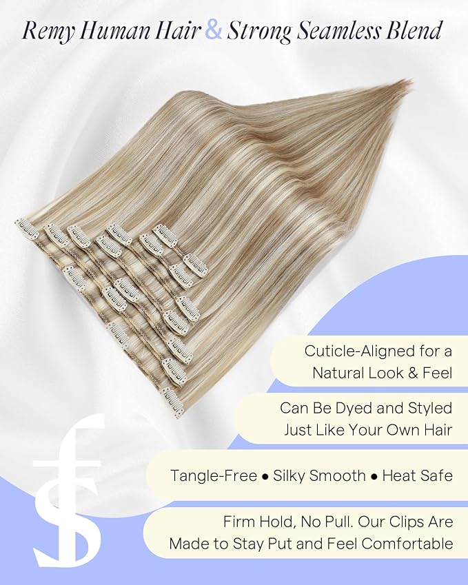 Full Shine Human Hair Extensions Clip ins Blonde Human Hair Clip in Extensions Blonde Highlight Hair Extensions 7 Pcs Straight Hair 22 Inch 150 G