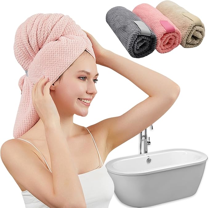 Women Microfiber Hair Towel Wrap with Elastic Strap,Super Absorbent Anti Frizz Drying Turban for Curly, Long,Wet Hair-Pink