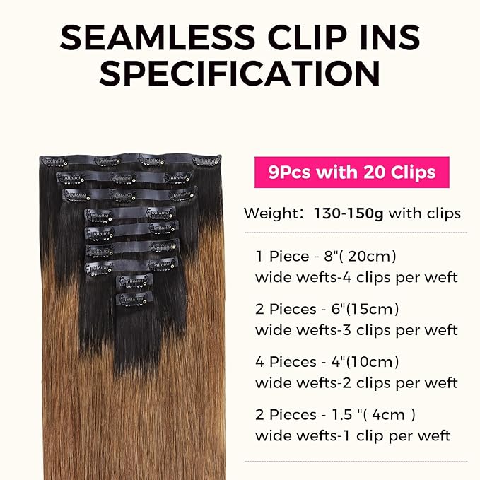 Lashey Seamless Clip in Hair Extensions Human Hair 130g 9pcs 16 Inch Ombre Natural Black to Medium Auburn Straight Hair Extensions Clip ins with Soft PU Weft