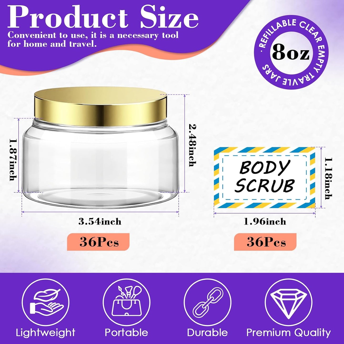 36 Pack 8 oz Plastic Cosmetic Containers With Lids Refillable Clear Empty Travle Jars Containers for Body Butter,Sugar Scrubs,Cream,Lotions,Candy, Waterproof Label&Spatulas - (Rose Gold Lid)