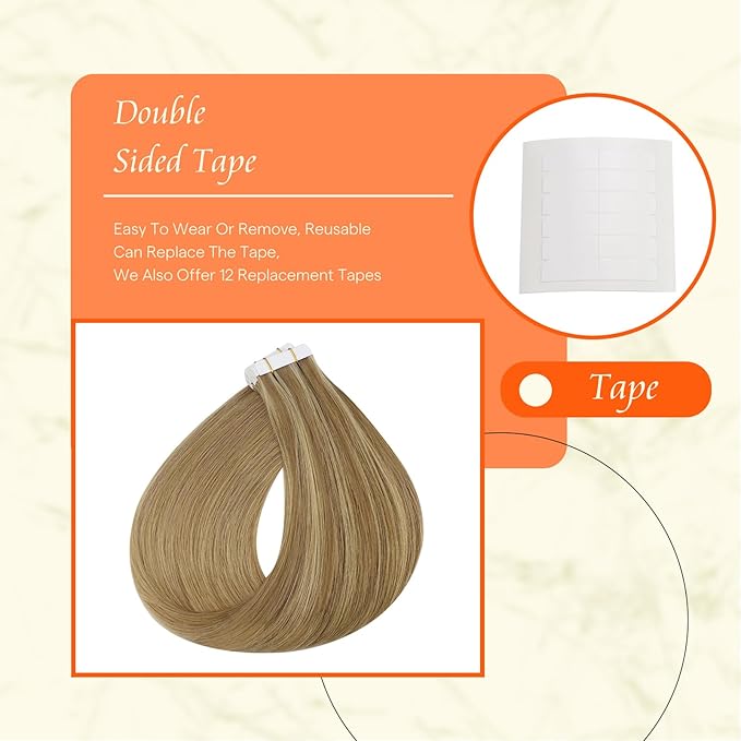 Full Shine Tape in Hair Extensions 14 Inch Remy Seamless Tape Ins Human Hair Extensions Color 10 Golden Brown and 16 Golden Blonde to 16 Blonde 20PCS 50 Grams for Party
