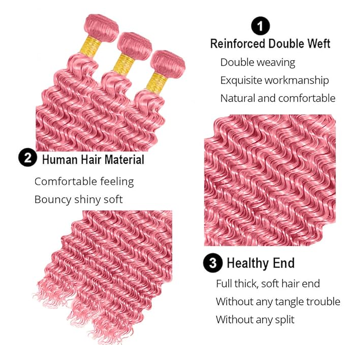 Light Pink Human Hair Bundles Pink Deep Wave Bundles Grade 8A Brazilian Virgin Remy Hair Extensions 24 26 28 Inch Double Weft Hair Weave 300g