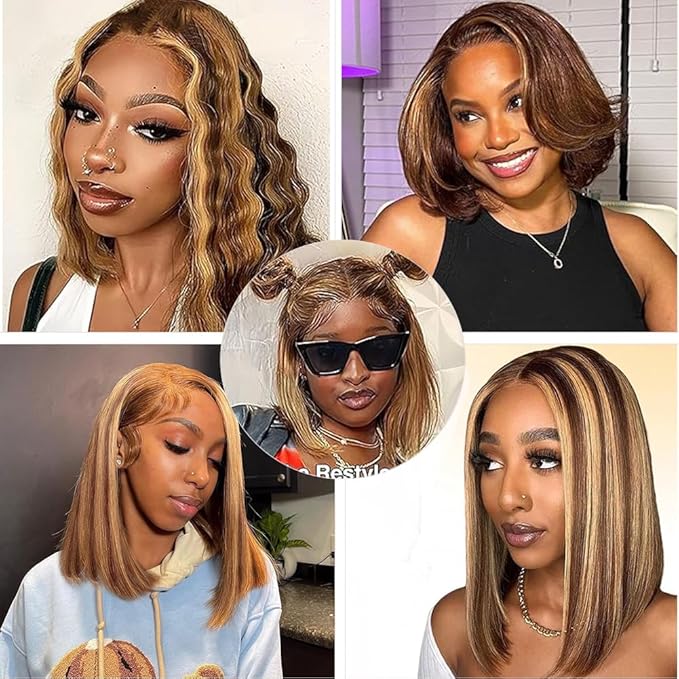 4/27 Ombre Highlight Bob Wig Human Hair 14 inch straight 427 bob wig 13x4 Highlight HD Lace Frontal Bob Wig Human Hair 180% Density Pre Plucked Ombre Short Bob Wigs for Black Women