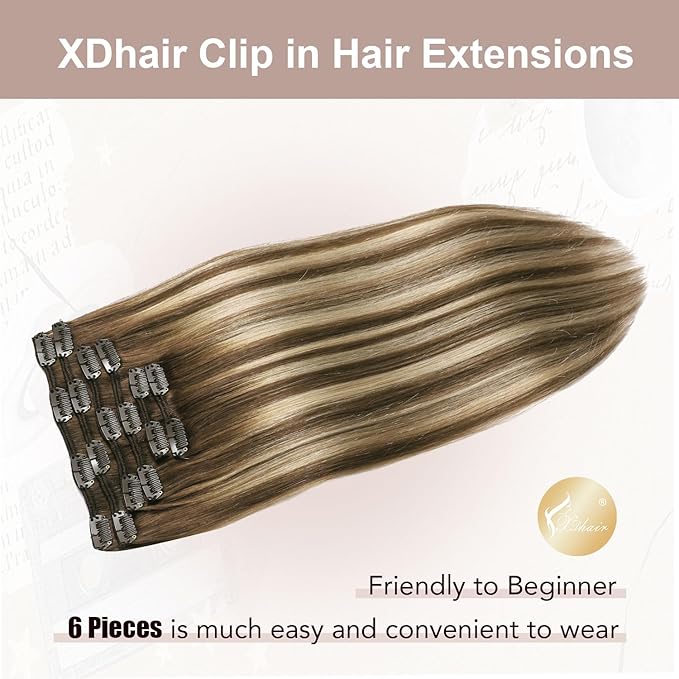XDhair Clip in Hair Extensions Human Hair 100g 16 Inch Chocolate Brown to Caramel Blonde Real Human Hair Clip in Extensions Straight Soft Natural 6pcs (16inch, #4/27/4)