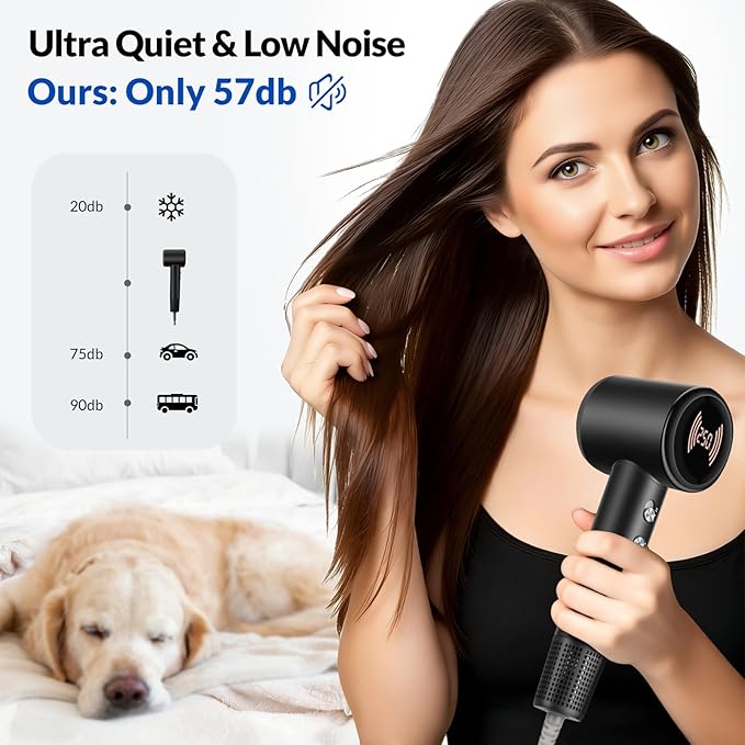 Hair Dryer, 110000 RPM High-Speed Blow Dryer with 300M Negative Ions & Magnetic Diffuser, Fast Drying for 1 Min, No Heat Damage, Lightweight & Low Noise for Curly Hair, Women & Men, Home & Travel