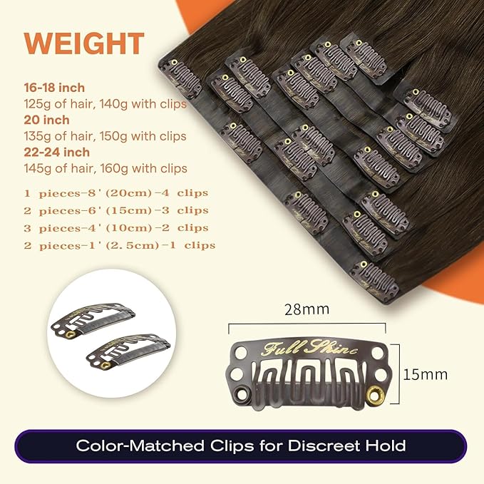 Full Shine Clip in Hair Extensions 16 inch 140g 8Pcs Seamless Clip in Hair Extensions Human Hair Brown Remy Hair Clip ins for Women