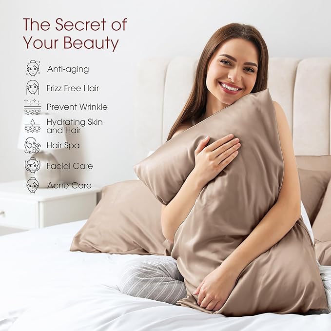 100% Silk Pillow Cases 2 Pack King Size Mulberry Silk Pillowcase for Hair and Skin Set of 2 Highest Grade 6A Silk Soft Breathable Cooling with Hidden Zipper, Taupe