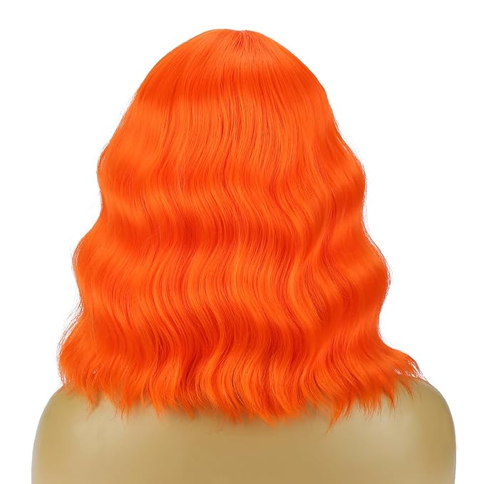BERON 14 Inches Orange Wig with Bangs Short Bob Curly Wigs Ginger Orange Wigs for Women Girls