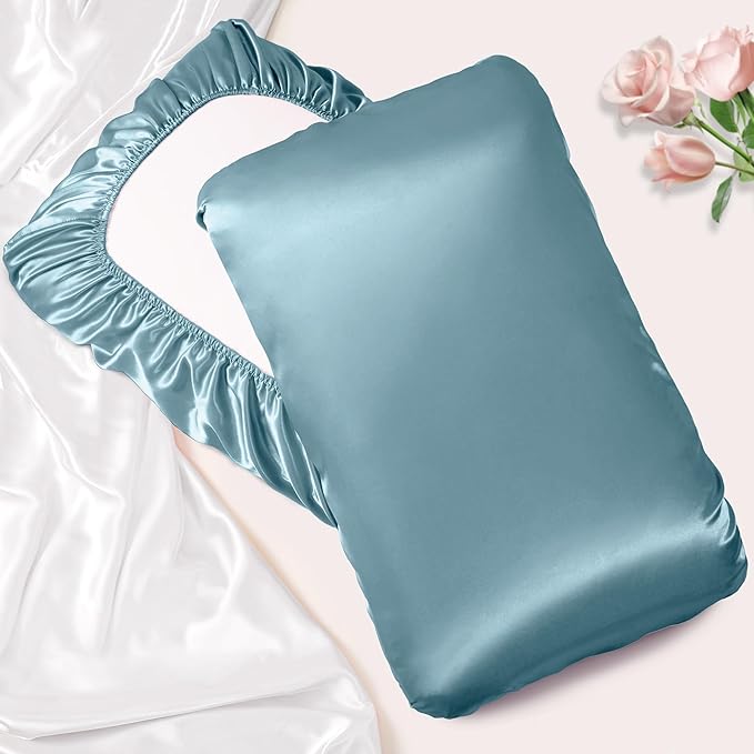 Manyshofu Satin Pillowcases for Hair Protection - 2Pcs Blue Pillow Cases, Elastic Band Standard & Queen Satin Pillowcases Luxury Silky Pillow Cases Travel Pillow Covers