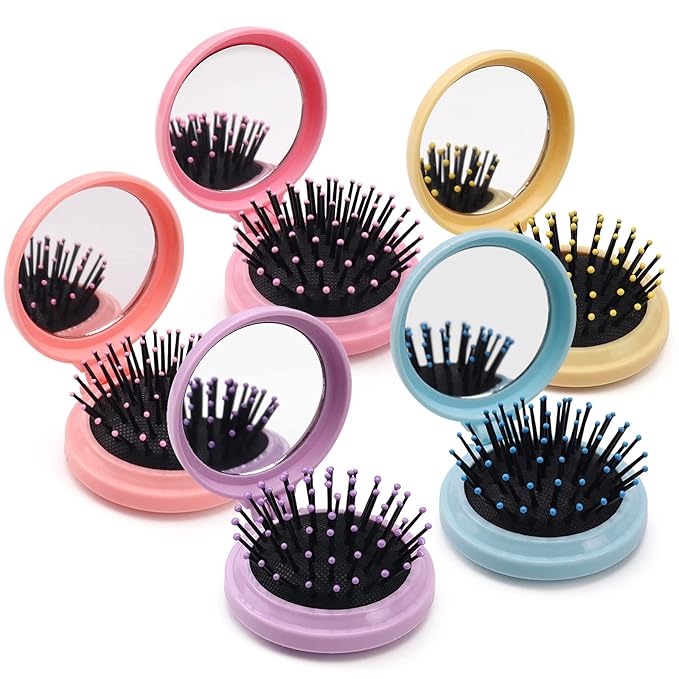 20 Pack Folding Travel Mirror Hair Brushes Round Folding Pocket Hair Brush Mini Hair Comb Compact Travel Size Hair Massage Combor Women and Girls (5Colors)