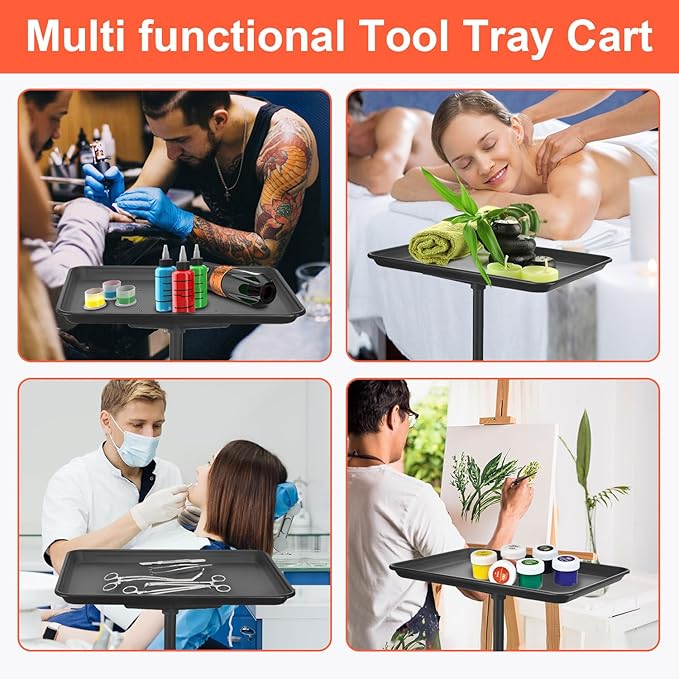 Salon Tray Cart Salon Rolling Tray, Tattoo Tray with Wheels Adjustable Height, Service Storage Tray Trolley for Beauty Clinic Spa