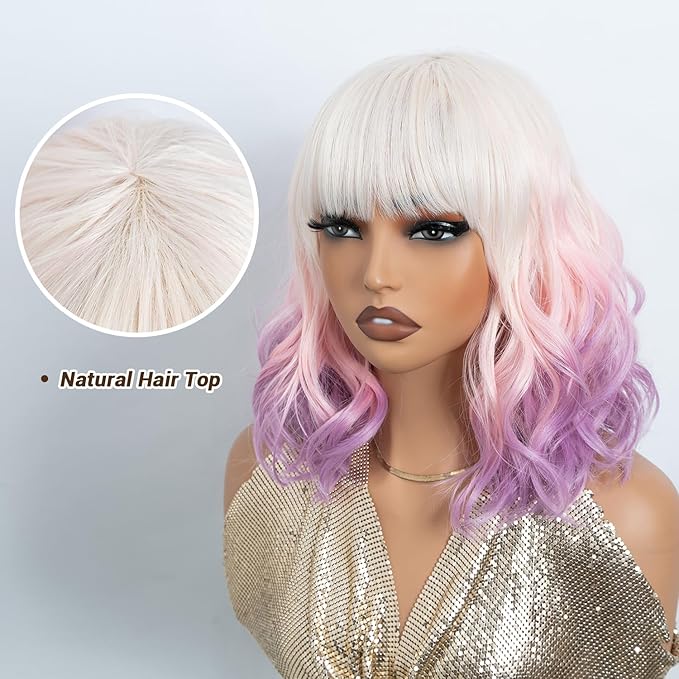 NOBLE Colourful Short Bob Wigs with Bangs for Women 3 Tone Ombre Pink root to Purple Color Short Wavy Bob Hair Wig Shoulder Length Synthetic Heat Resistant Bob Wigs