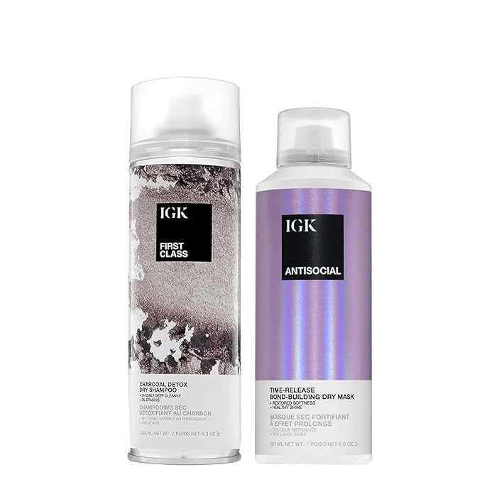 IGK Antisocial Dry Hair Mask + First Class Dry Shampoo Set | Bond Building + Volume + Shine for All Hair Types | 5.0 oz + 6.3 oz