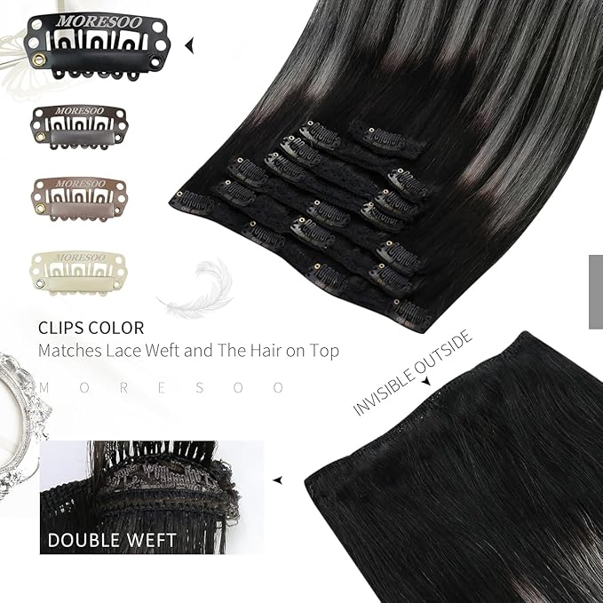 Moresoo Black And Silver Clip in Hair Extensions Ombre Black And Silver Human Hair Extensions Clip ins Real Human Hair for Women Double Weft 120g/7pcs 16 inch