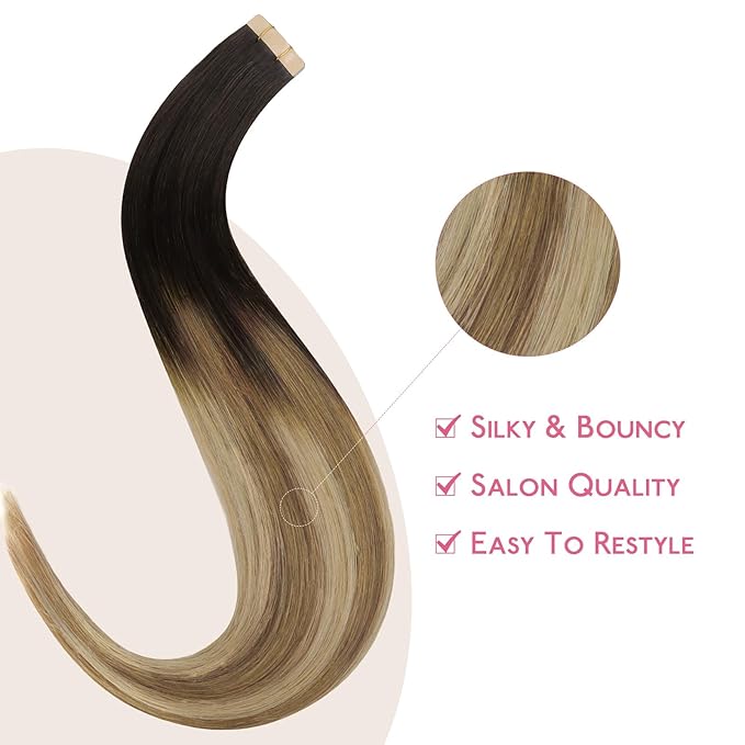 WENNALIFE Tape in Hair Extensions Human Hair Dark Brown to Chestnut Brown and Dirty Blonde Highlighted, 10pcs 20g 12 inch Remy Invisible Tape Ins Straight Colored Soft Refill Set