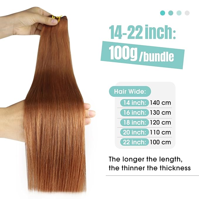 YoungSee Sew in Hair Extensions Real Human Hair Copper Weft Hair Extensions Copper Colorful Human Hair Extensions Sew in for Women 100G 16Inch