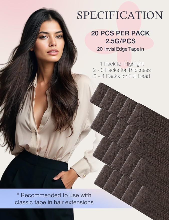 DOORES Invisi Edge Tape in Extensions Human Hair, Light Dark Brown 10 Injection Tape-ins with 10 Injection Tape-ins 50g 18 Inch, Injected Tape in Extensions Virgin Human Hair