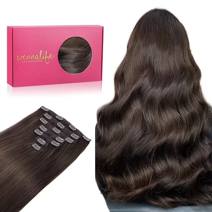WENNALIFE Clip in Hair Extensions Real Human Hair, 24 Inch 120g 7pcs Light Dark Brown Hair Extensions Clip in Human Hair Remy Clip in Hair Extensions Real Human Hair Double Weft