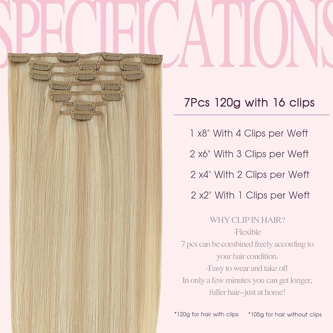 PINKPEARL Clip in Hair Extensions #27P60 Caramel Blonde Highlighted Platinum Blonde 120g 7pcs 20 Inch Clip in Hair Extensions Real Human Hair Hair Extension Clip Ins(#27P60-20)