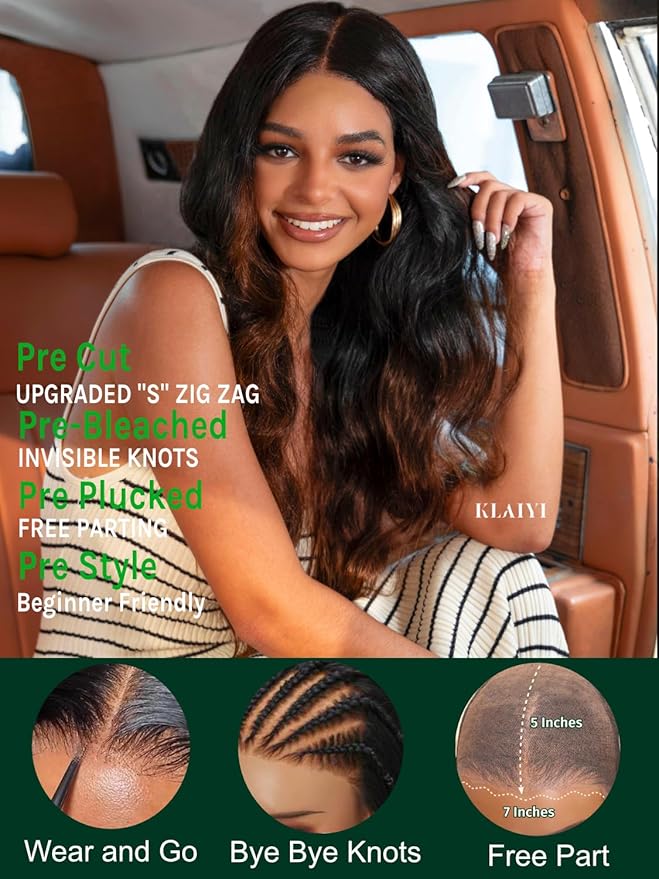 KLAIYI Ombre Brown Body Wave Bye Bye Knots Glueless Wig Pre Cut 7x5 HD Lace Front Wigs Human Hair Chestnut Brown Loose Wave Pre Plucked Bleached Wear and Go Wig with Dark Roots 30S Ready to Go 26Inch