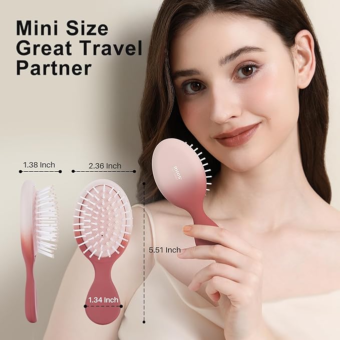 RHOS Mini Hair Brush for Women,Men and Kids, Travel Size Hair Brush for Purse & Pocket, Small Cushion Paddle Brush with Soft Bristles(1 Pack-Red Gradient)