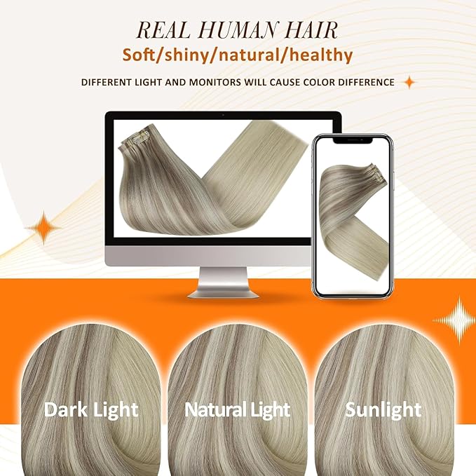 Full Shine Real Hair Extensions Clip in Human Hair Balayage Clip in Hair Extensions Blonde Human Hair Ash Blonde Mix Platinum Blonde Seamless Hair Extension Clip ins for Women 16 Inch 8 PCS 120 G