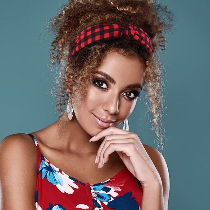VELSCRUN 5 Pcs Knotted Vintage Women's Wide Buffalo Plaid Hair Knot Headbands in 5 Colors