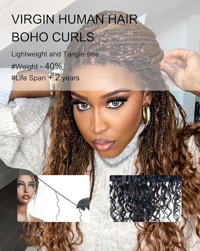 Human Hair Boho Curls Hand-Tied HD Full Lace Wig - 24" Salon-Level Small Box Synthetic Braids (80 Braids, Medium Density) Pre-Cut Swiss HD Lace, Pre-Plucked, Tangle-Free - 1B/27 Honey Blond