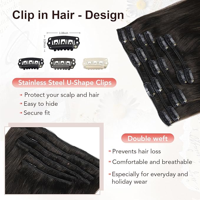 XDhair Clip in Hair Extensions Real Human Hair 14 Inch 100g 6pcs Human Hair Extensions Clip Ins for Women Natural Black #1B