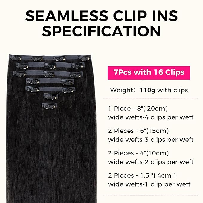 Lashey Seamless Clip in Hair Extensions Human Hair #1 Jet Black Light Yaki Straight Clip in Hair Extensions Real Human Hair 7pcs 110g 16 Inch PU Weft Natural Hair Extension for Women