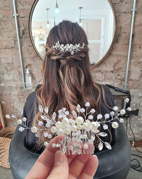 3PC Clysburtuony Bridal Hair Accessories for Women: Flower Side Hair Clips, Pearl Headpiece, Hair Pins (White Combs)