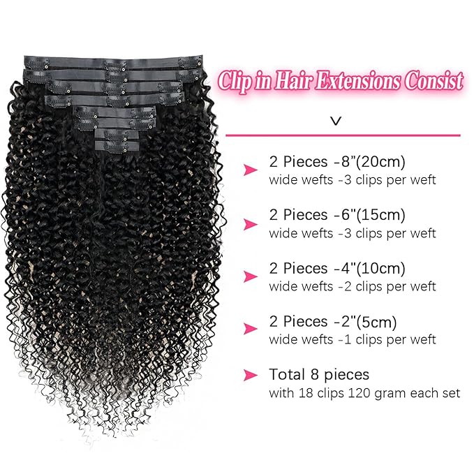 Seamless Kinky Curly Clip in Hair Extensions Real Human hair For Women Brazilian Virgin 3c 4a Curly Clip ins Human Hair Extensions (20inch,#1B)