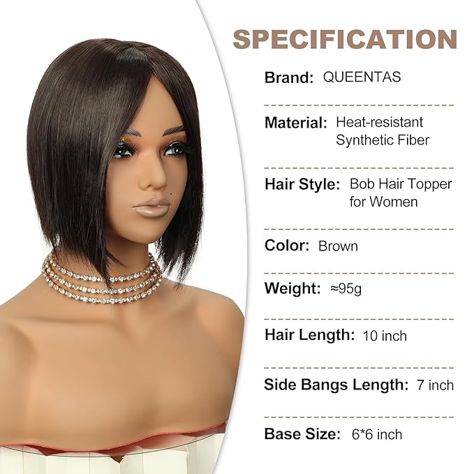 QUEENTAS Brown Hair Topper for Women with Thinning Hair Pieces 6"*6"Large Coverage 360°3D Cover Silver Synthetic Short Bob with 5 Clips in Wiglets(Brown)