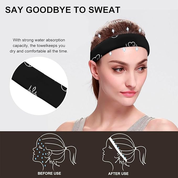Love Heart Nurse Heartbeat Designed Black And White Headbands for Men & Women Sweat Headband Non Slip Sweatband for Running Cycling Yoga Basketball Workout