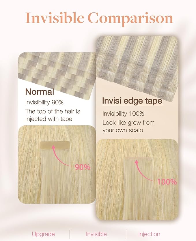 GOO GOO Invisi Edge Tape in Hair Extensions Human Hair, 17/22/60 Balayage Ash Blonde to Golden Blonde and Platinum Blonde, 20pcs 22inch 50g, Virgin Remy Hair, Seamless Injected Tape, Natural Look