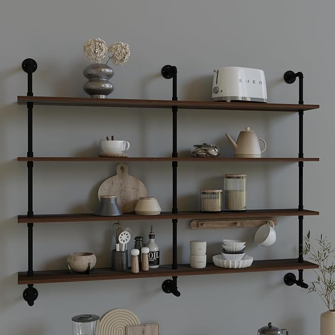 Industrial Pipe Wall Shelves Pipe Shelving with Real Wood Plank,60 Inches Floating Shelves for Wall Farmhouse Pipe Book Shelves Dark Brown 4 Tier for Kitchen,Living Room Decor and Bar Shelving