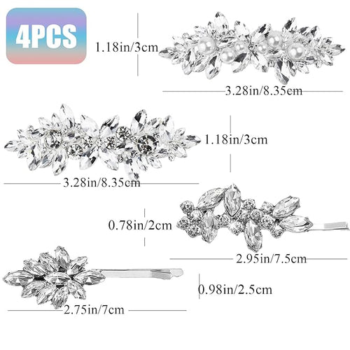 4pcs Rhinestone Pearl Wedding Hair Clips Silver New Bride Bridesmaid Spring Clips French Hairpins Elegant Floral Stylish Accessories Gift for Women Girls Leaf Style