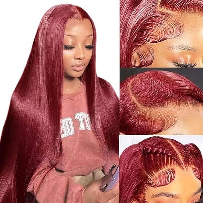 Burgundy Wig Human Hair 32inch 13x6 HD Transparent Lace Straight 99J Red Human Hair Wig Colored Reddish Brown Lace Frontal Wigs 180% Density Pre Plucked