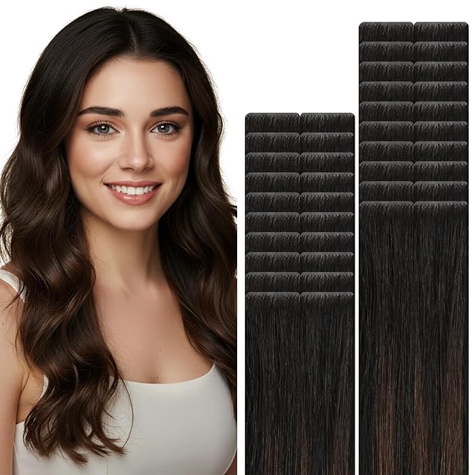 VINBAO Invisible Tape in Hair Extensions Human Hair, 45g 20pcs Natural Black to Chocolate Brown Seamless Injected Tape in Hair Extensions Hand Tied PU Weft 16inch #1BT4