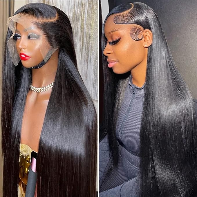 Iris Queen Straight 30inch 220 Density Transparent Lace Frontal Human Hair Wigs Pre Plucked for Women 12A 13x4 HD Lace Front Wig with Baby Hair Natural Black Color