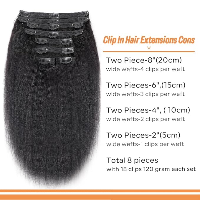 Kinky Straight Clip in Hair Extensions Real Human Hair 8Pcs Remy Human hair Clip ins for Women, Natural Human Hair 120g 20inch #1B Natural Black