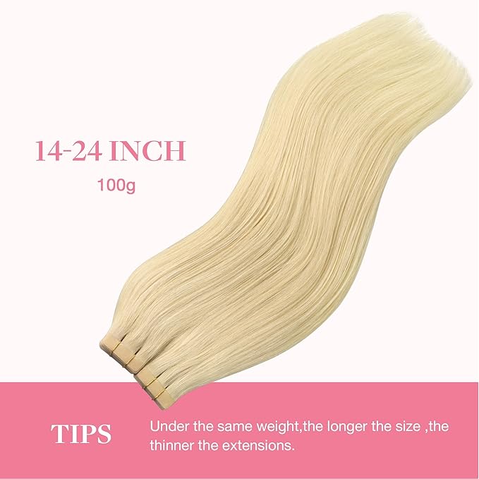 GOO GOO Tape in Hair Extensions Human Hair, 613R Bleach Blonde, 14inch 100g 40pcs, Skin Weft Seamless Invisible, Silky Straight with Thick Ends, Remy Human Hair