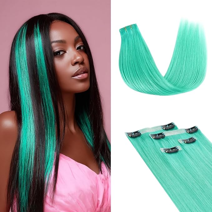 Lashey Clip in Hair Extensions Real Human Hair Green 4pcs 50g Seamless Clip in Hair Extensions Human Hair 22 Inch Long Straight Hair
