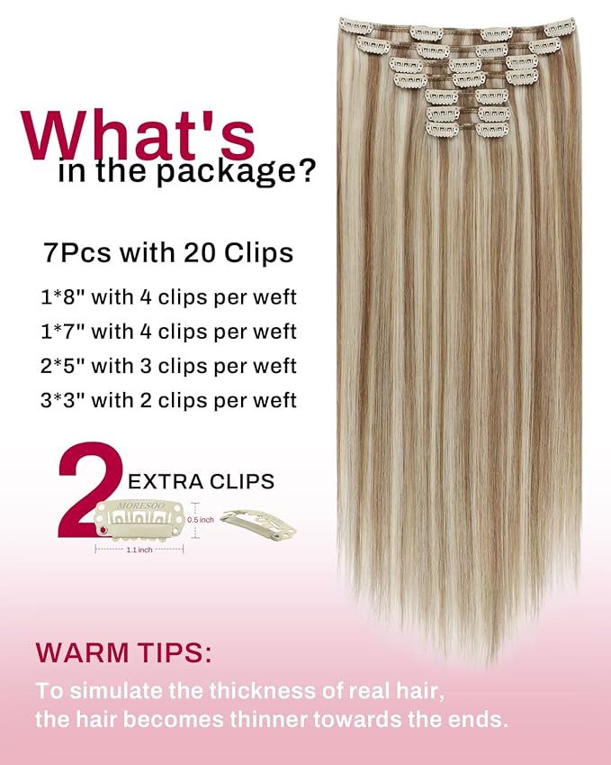Moresoo Clip in Hair Extensions Remy Double Weft Human Hair Clip in Extensions Straight Hair Extensions for Women Light Brown Highlights with Blonde 7pcs 150g 24inch